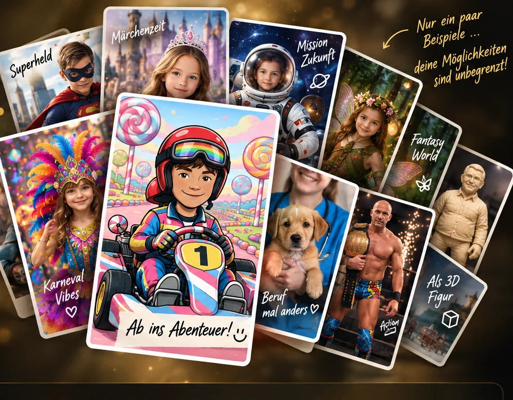 Beispiele kreativer KI-Fotobox-Motive wie Cartoon, Fantasy, Action und Beruf